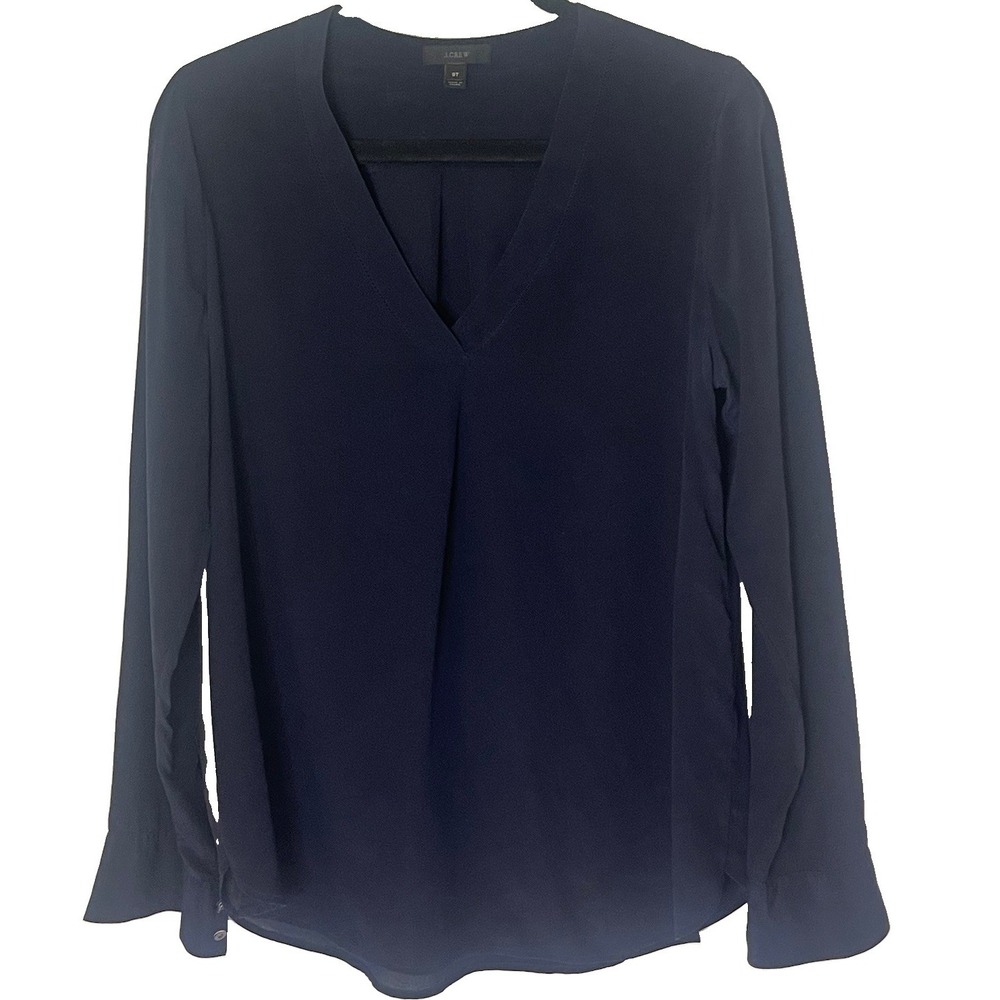 J Crew 100% Silk Navy Blue V Neck Front Pleat Long Sleeve Blouse Top Womens 8T